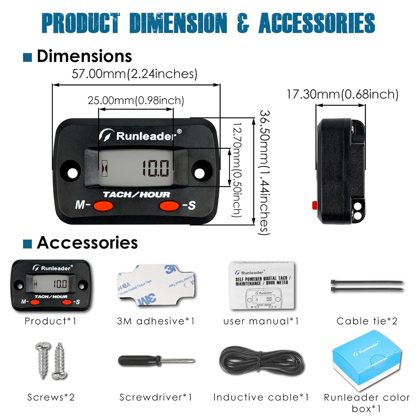Runleader RL-HM068 Digital Tach/Hour Meter,Maintenance Reminder for Lawn Mower Generator Motorcycle ATV Outboard Motor Jetski Chainsaw etc