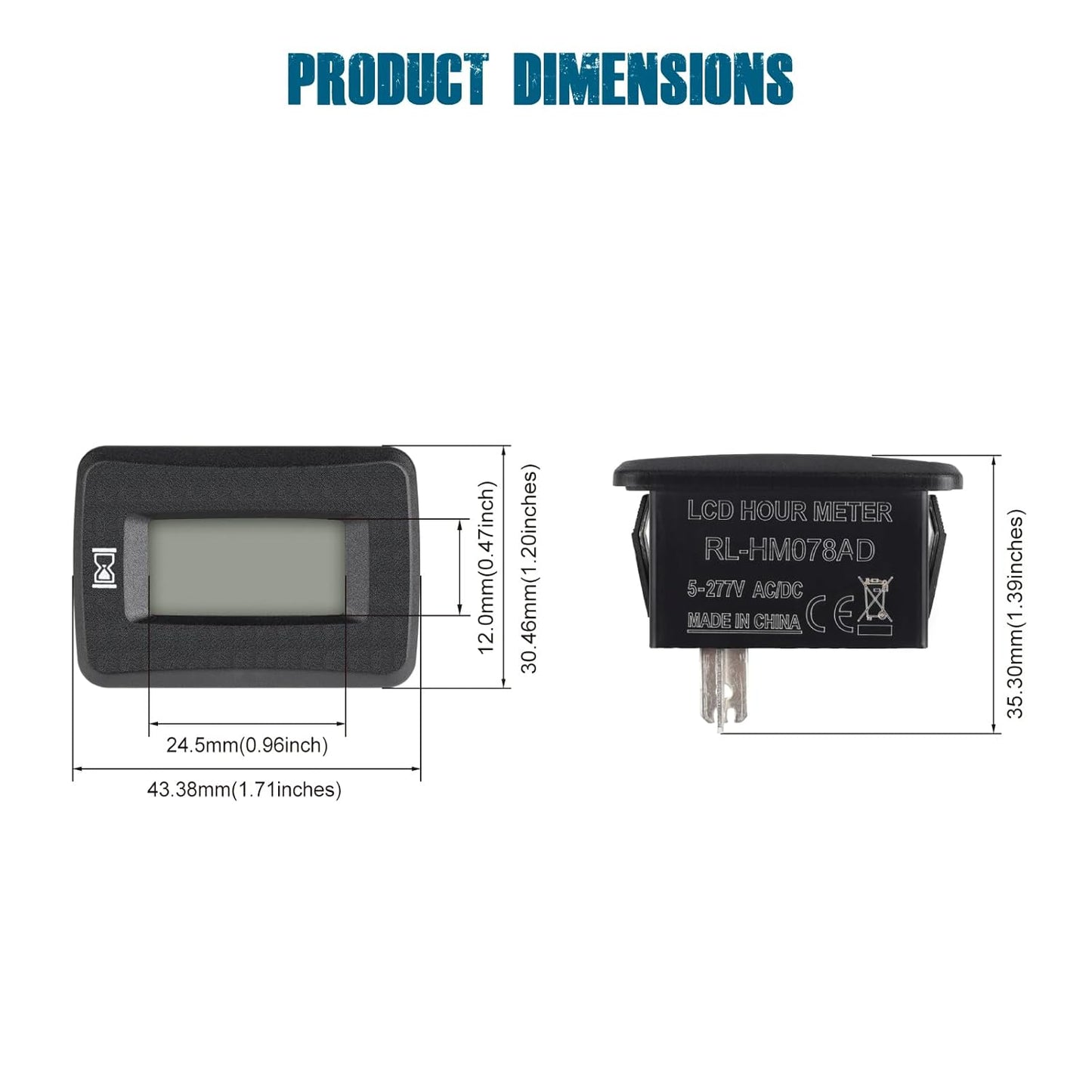 Runleader RL-HM078AD Digital LCD Hour Meter, AC/DC 5V to 277V,Maintenance Total Running Hours,Data Storage,Waterproof Design for Lawn Mower Generator Motorcycle Golf Cart Forklift Scrubber Machine.