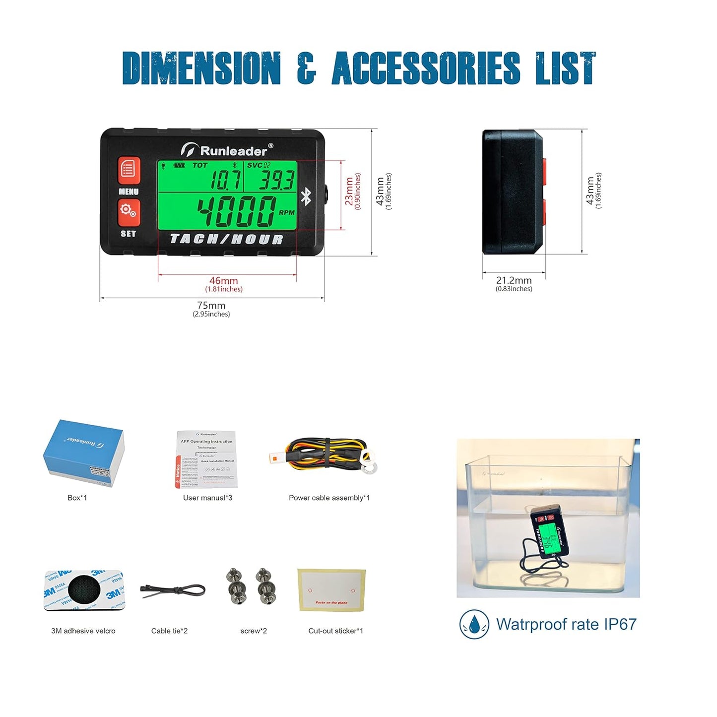 Runleader RL-HM058-BT Bluetooth Shunt Tach Hour Meter, Works by Replaceable Battery and DC 12V Power. (RL-HM058-BT)