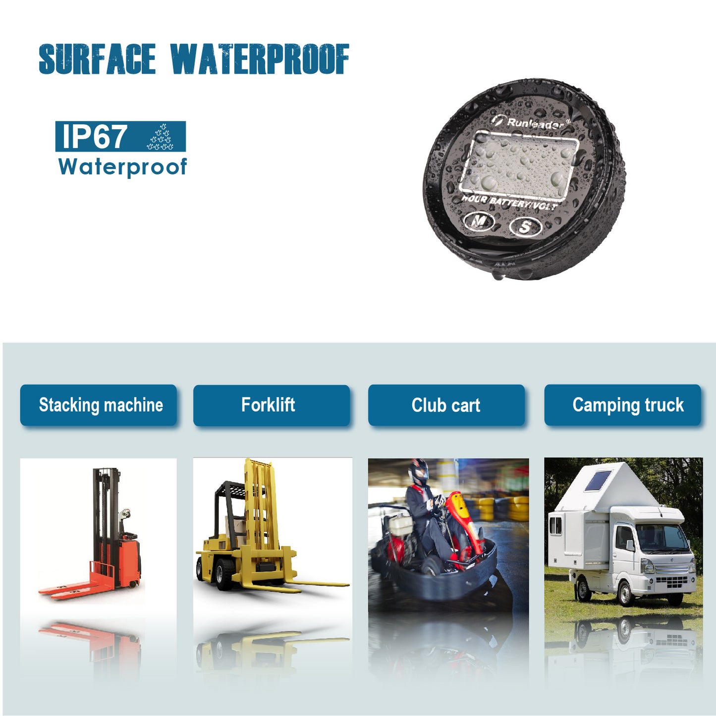 Runleader RL-BI025B Battery Monitor Hour Meter Voltmeter Backlight Waterproof Indicator for 12V 24V 36V 48V Fork Lifts Golf carts Motorhome Auto Car Motor Boat