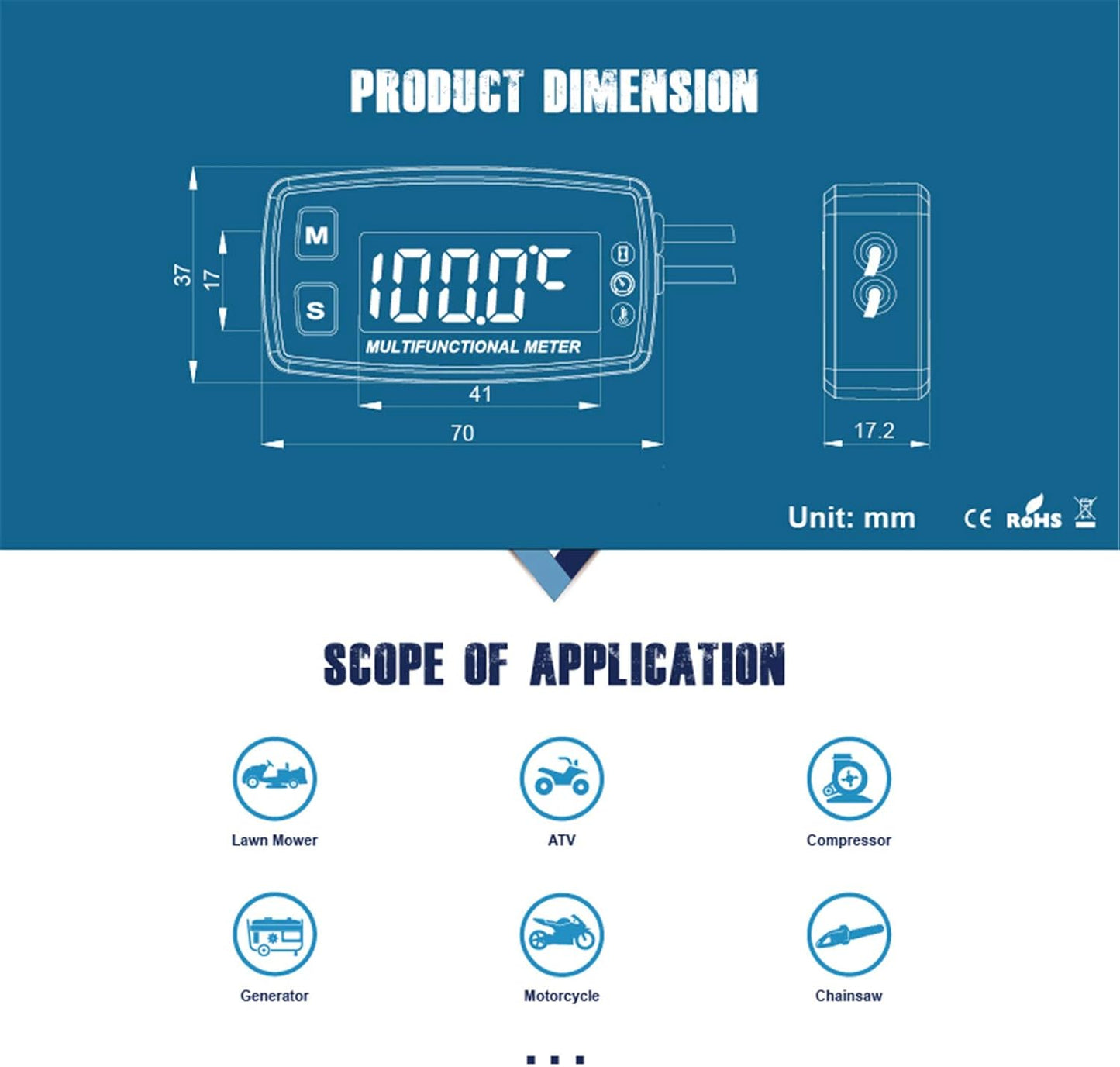 Runleader RL-HM035LT Digital LED Engine Hour Meter,RPM &Temperature Display,Maintenance Reminder,External Powered Operating for Lawn Mower Generator Dirtbike Paramotor Outboard Motor Marine Compressor