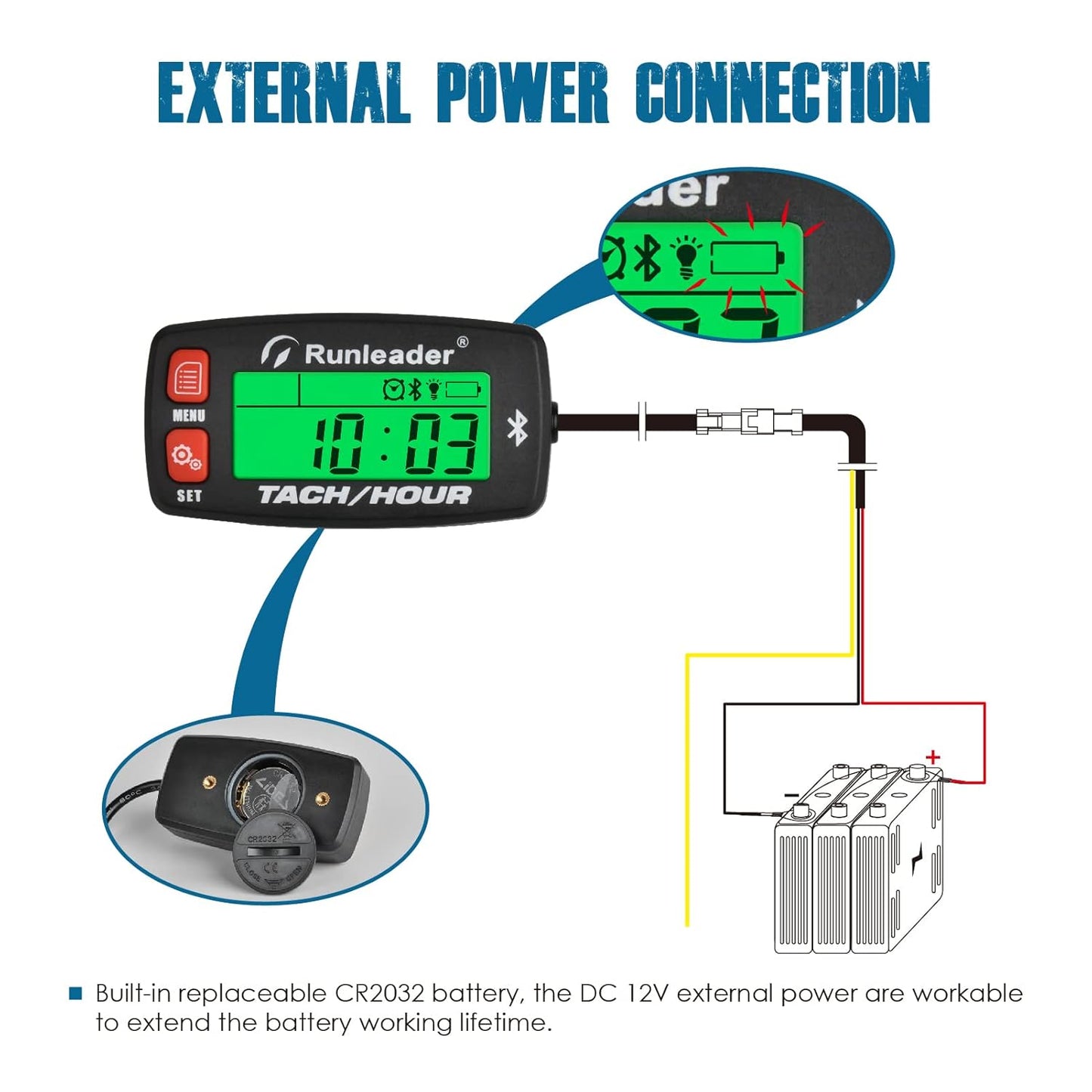 Runleader RL-HM032-BT LCD Bluetooth Tach/Hour Meter, Maintenance Reminders, Battery Replaceable for Lawn Mower Generator Boat Snowmobile.
