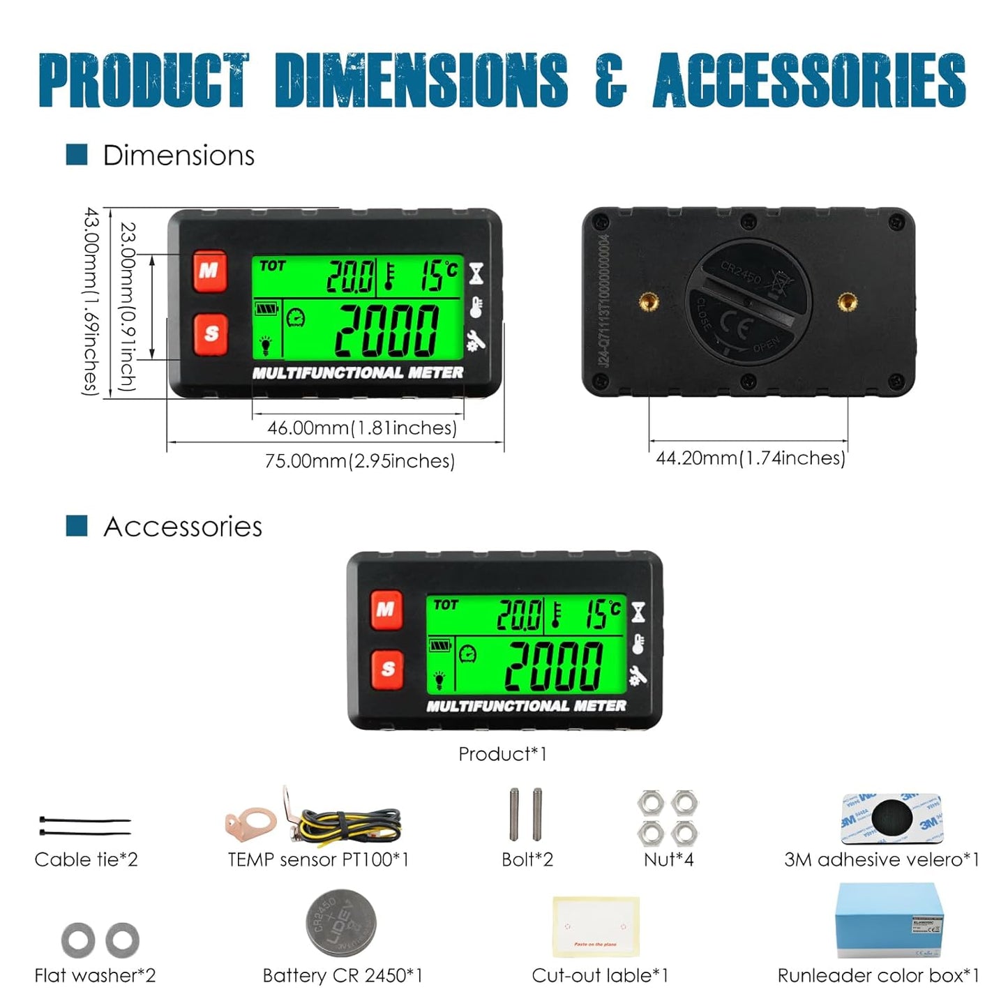 Runleader RL-HM058C Digital Engine Temperature Meter,Tach/Hour Meter,Battery Replacement and DC5V to 30V External Power Supply for Gasoline Engine Garden Tractor Generator Motorcycle Outboard Motor etc.
