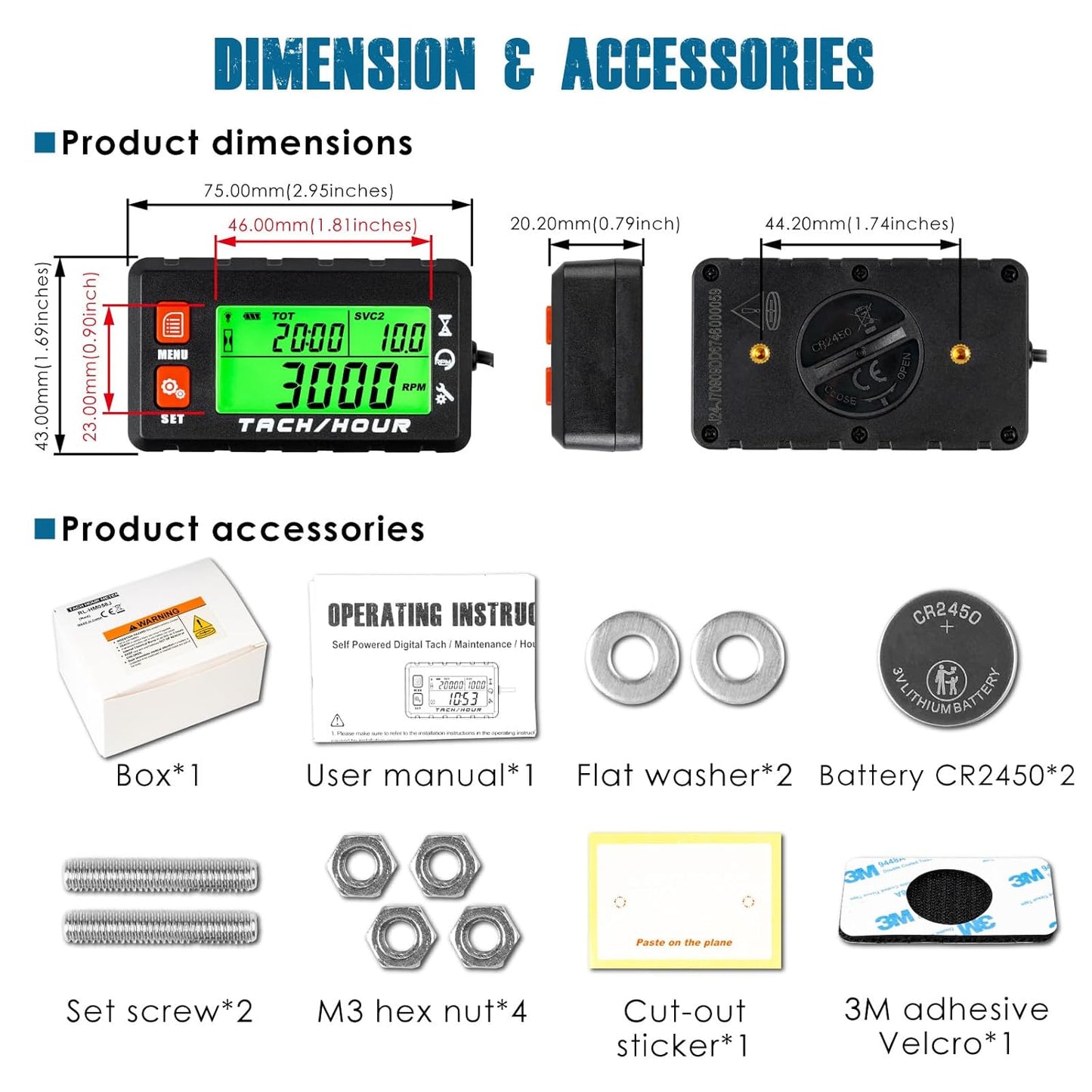 Runleader RL-HM058J Digital Hour Meter Tachometer with Alligator Clip, Maintenance Reminder for Lawn Mower Generator Motorcycle Outboard Motor Chainsaw etc.