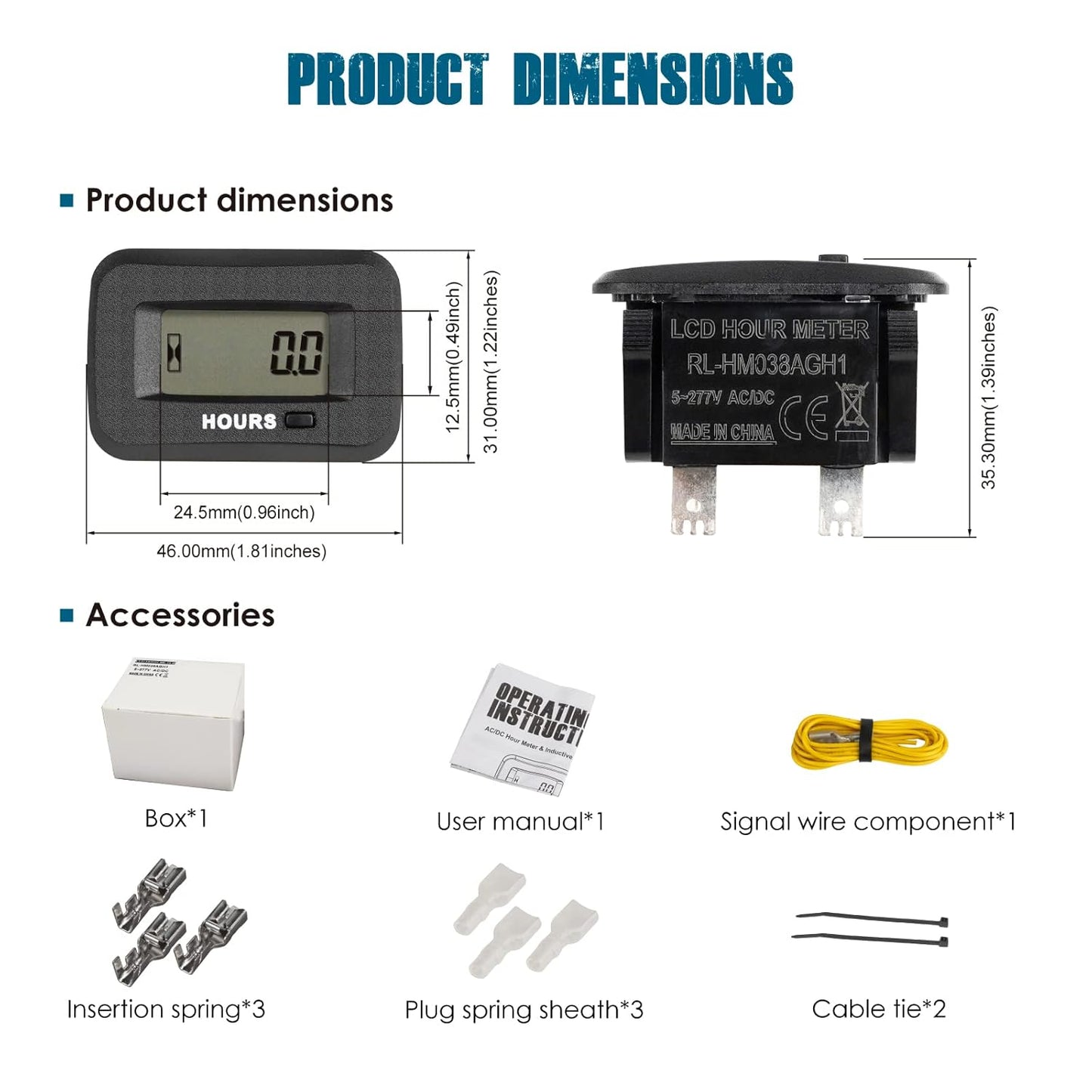 Runleader RL-HM038AGH1 Digital Maintenance Hours Counter,Volt. 5V to 277V for Small Gas Engine,Works on Garden Tractor Golf Cart Forklift Scrubber Machine Generator Compressor Dirt Bike Motorcycle Snowmobile