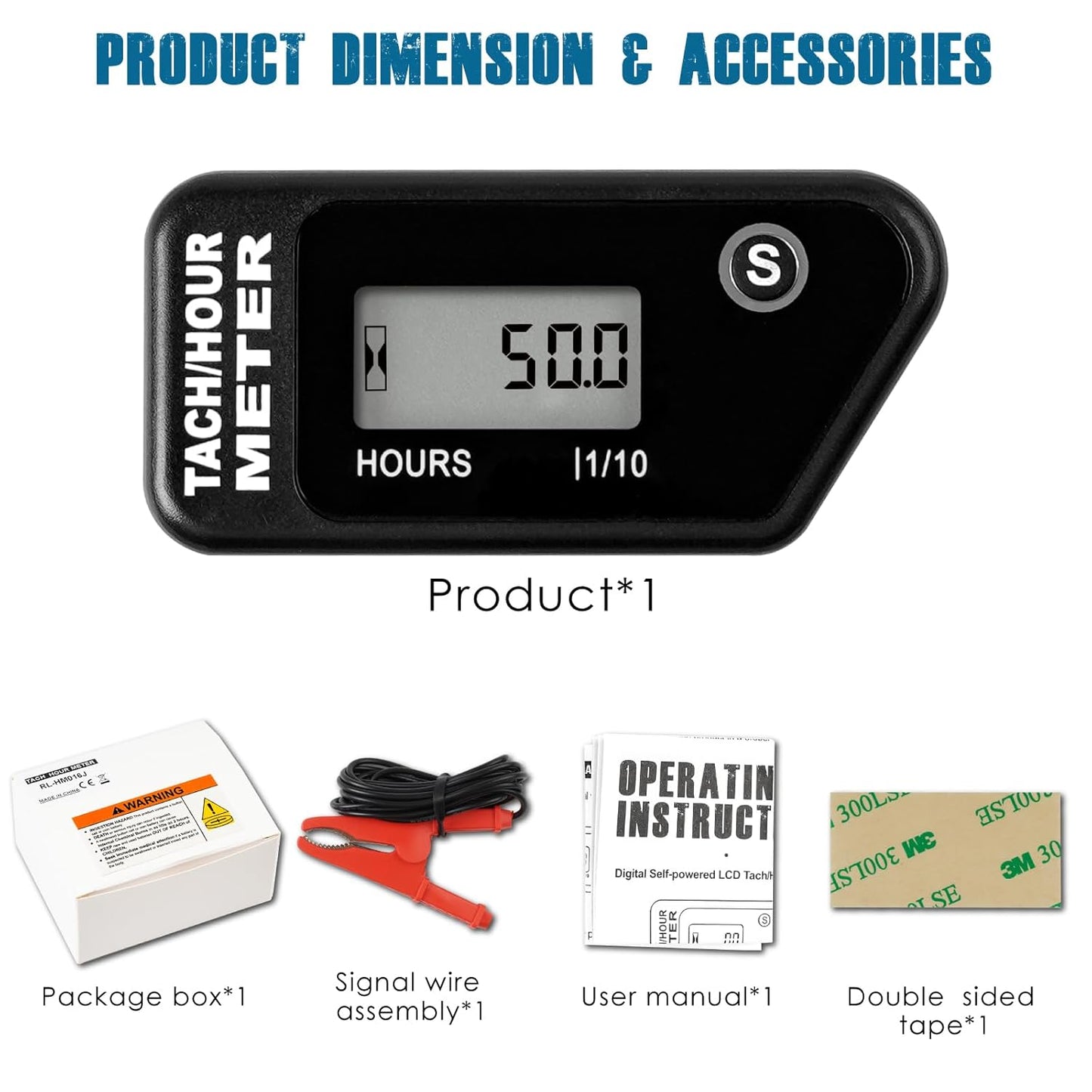 Runleader RL-HM016J Digital Hours Tachometer with Alligator Clip for Garden Tractor Generator Motorcycle ATV Outboard Motor Jetski Chainsaw etc.