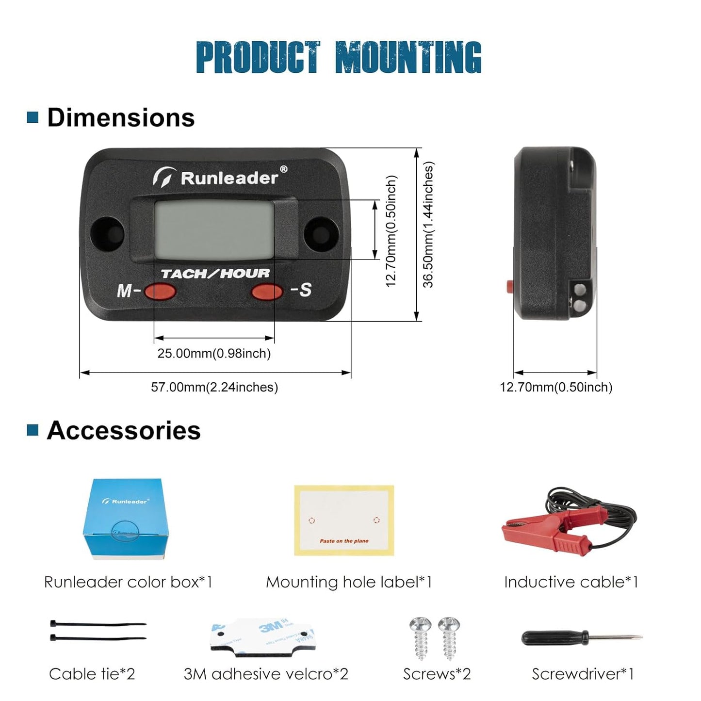 Runleader RL-HM068A LCD Hour Meter Tachometer with Alligator Clip,Maintenance Reminder for Lawn Mower Generator Motorcycle ATV Outboard Motor Jetski Chainsaw etc.