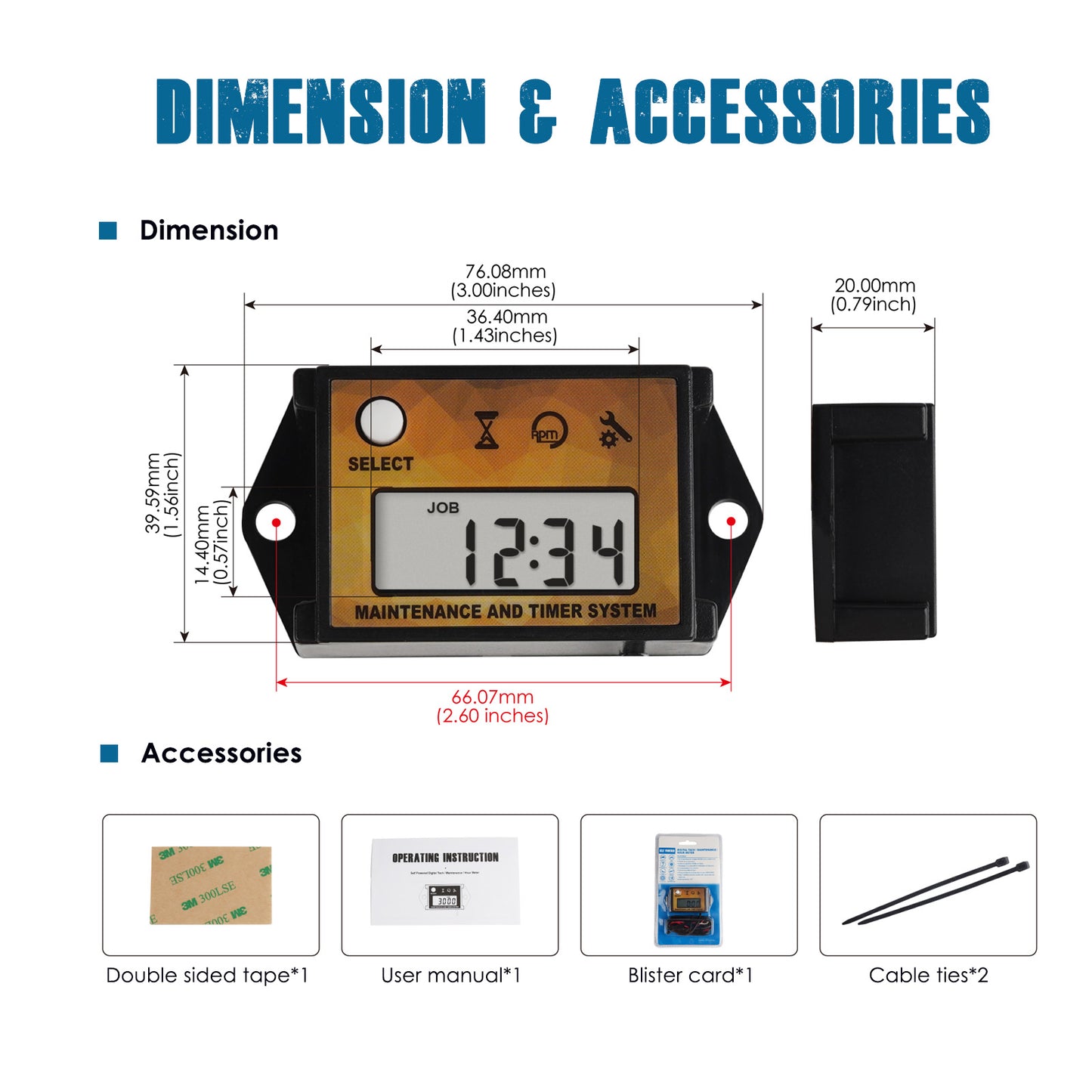Runleader Small Engine Hour Meter, Digital Tachometer, Maintenance Reminder, Max RPM Recall User Shutdown for ZTR Lawn Mower Gas Powered Equipment