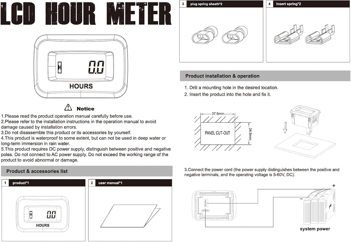 Runleader RL-HM057AD-H Digital Hour Meter,DC 5V to 60V for Riding Lawn Mower Tractor Golf Cart Forklift RV Motorhome Milling Machine etc. (1)