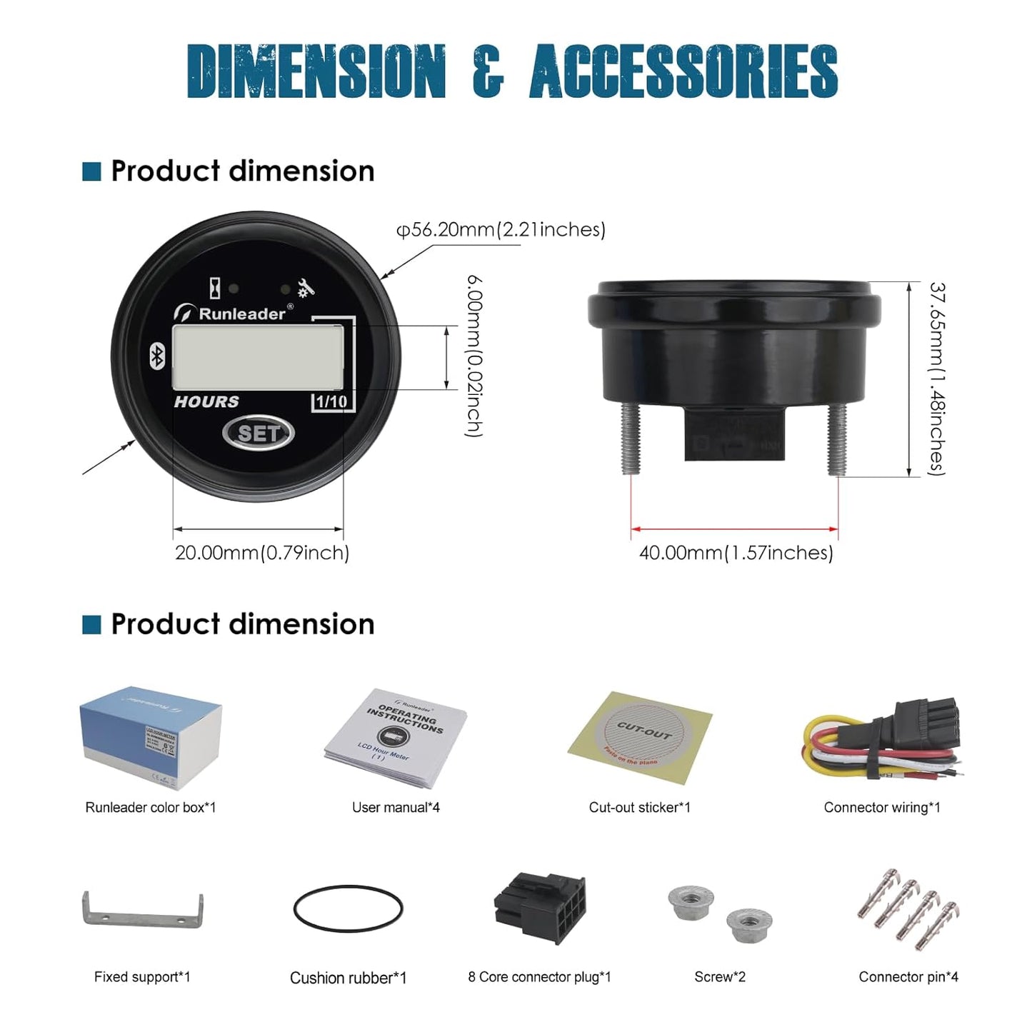 Runleader RL-HM069D LCD Digital Bluetooth Communication Hour Meter,Voltage.AC 8V to 50V/DC 8V to 65V,Multiple Maintenance Reminders,Waterproof Design for Lawn Mower Tractor Boat Snowmobile Scrubber Machine.