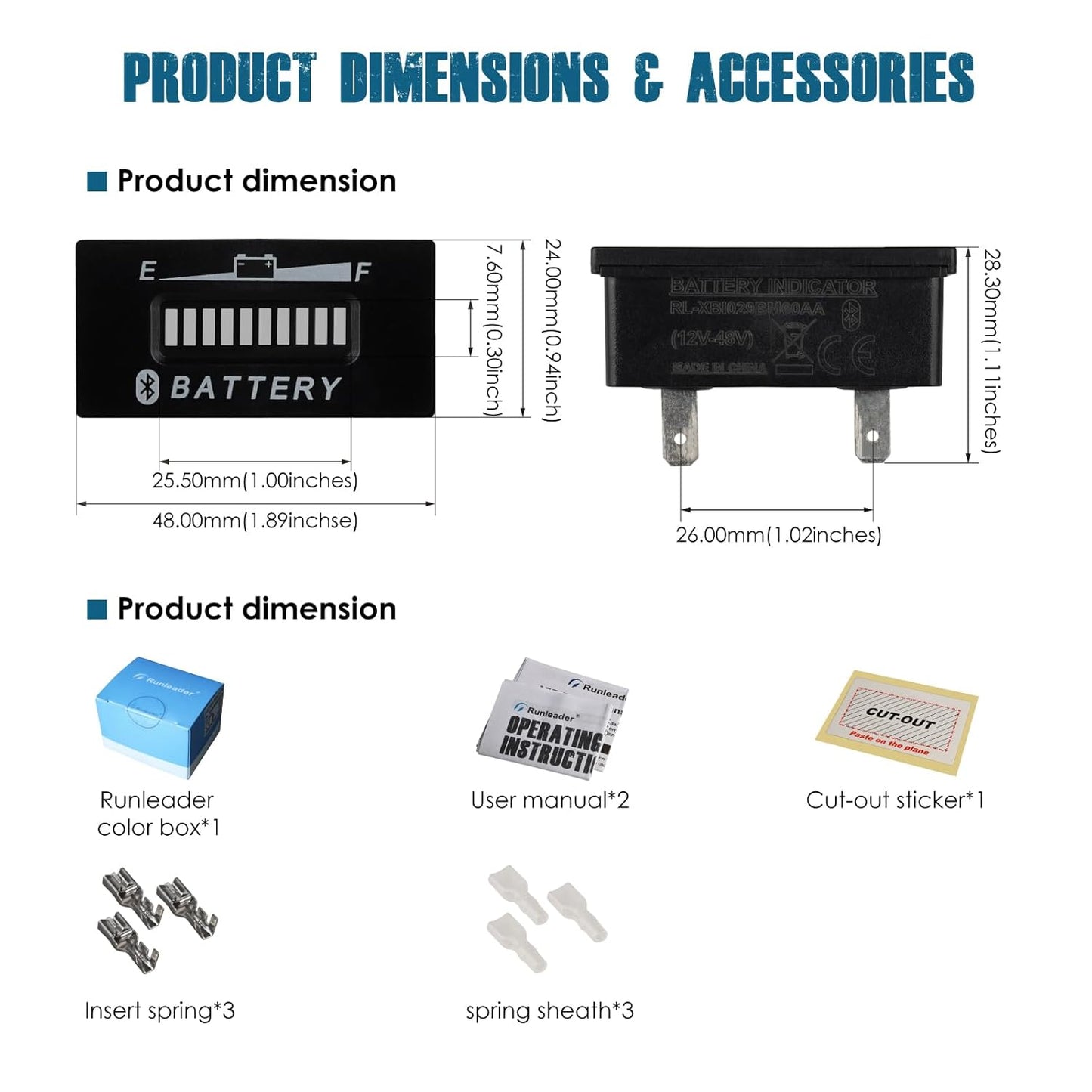 Runleader RL-BI028-BT DC 12V to 48V Bluetooth Shunt Battery Indicator Volt Meter, Works for Lead Acid,Gel,AGM,Trojian,LiFePO4 and 18650 Lithium Batteries.