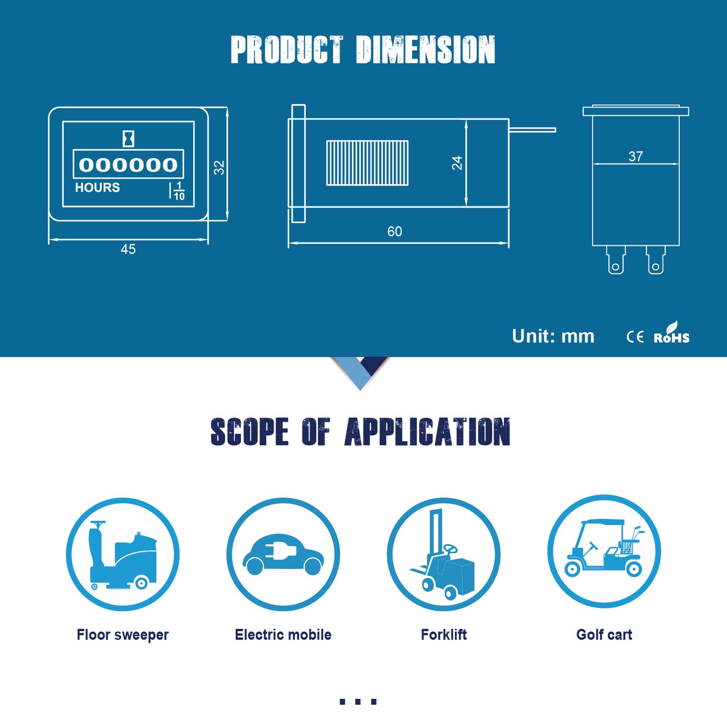 Runleader RL-HM001 Mechanical Hour Meter, Volt.AC 110V to 250V or DC 8V to 60V, TOT Hours Accumulating, Snap-in Design,Data Storage for Lawn Mower Golf Cart