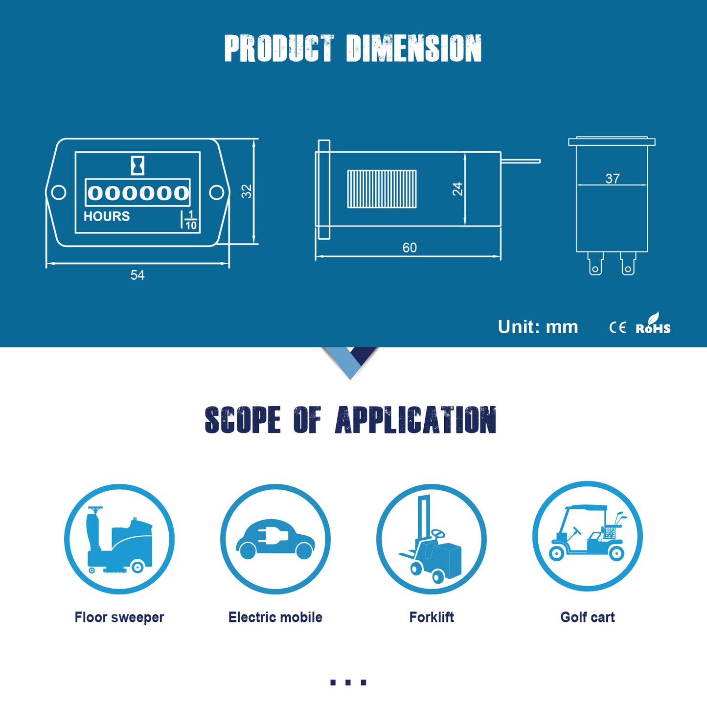 Runleader RL-HM002 Snap-in Mechanical Hour Meter TOT Hours Accumulating Data Storage for Lawn Mower Golf Cart Forklift Scrubber Electric Car and Other Battery