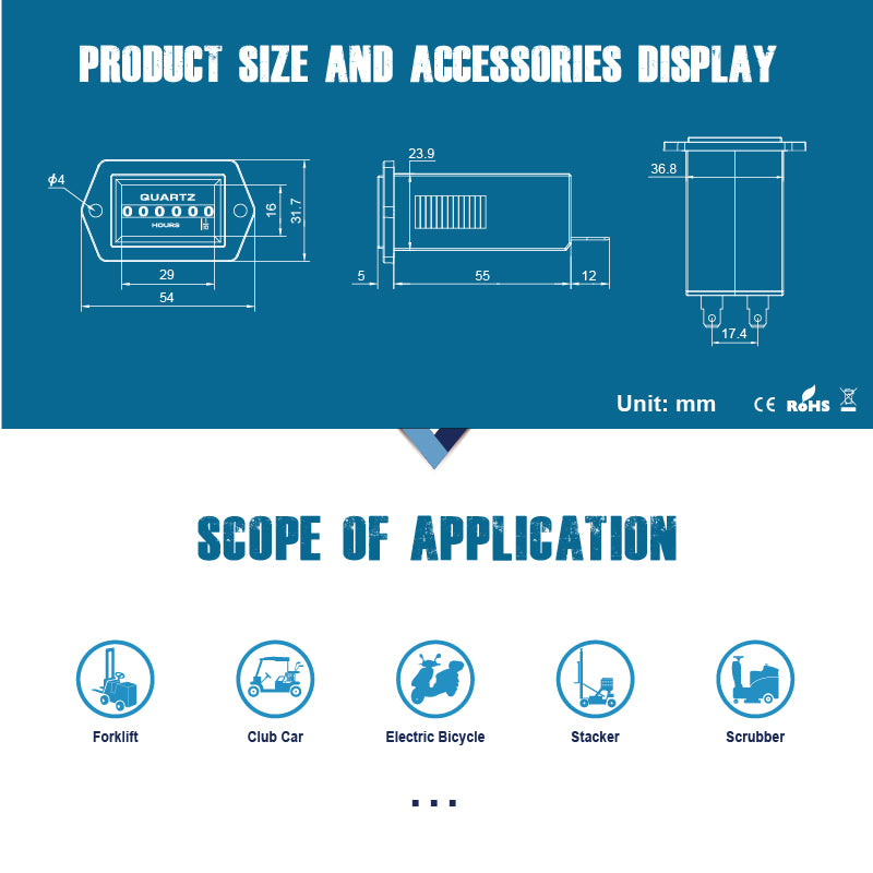 Runleader RL-HM004 Digital Hour Meter, Total Running Hours Record for ZTR Lawn Mower Inverter Generator Air Compressor Club Car Scrubber Machine Floor