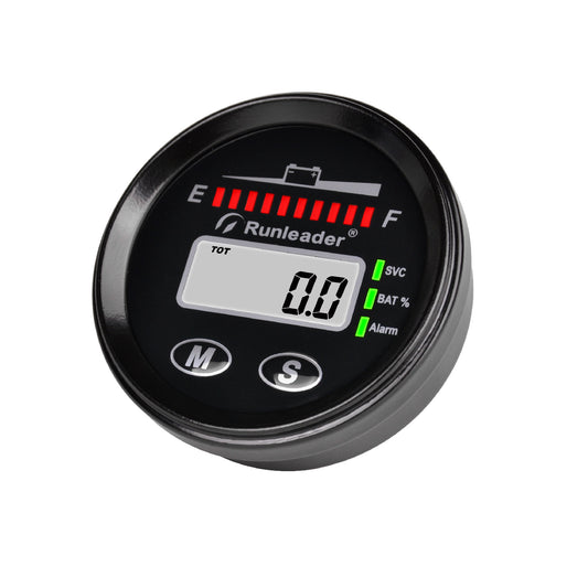 Runleader RL-BI025A LED Battery Fuel Gauge Hour Meter Voltage Alarm Waterproof Snap-in Design for 12V 24V 36V 48V Battery Lead-Acid LiFePO4 Trojan Gel AGM