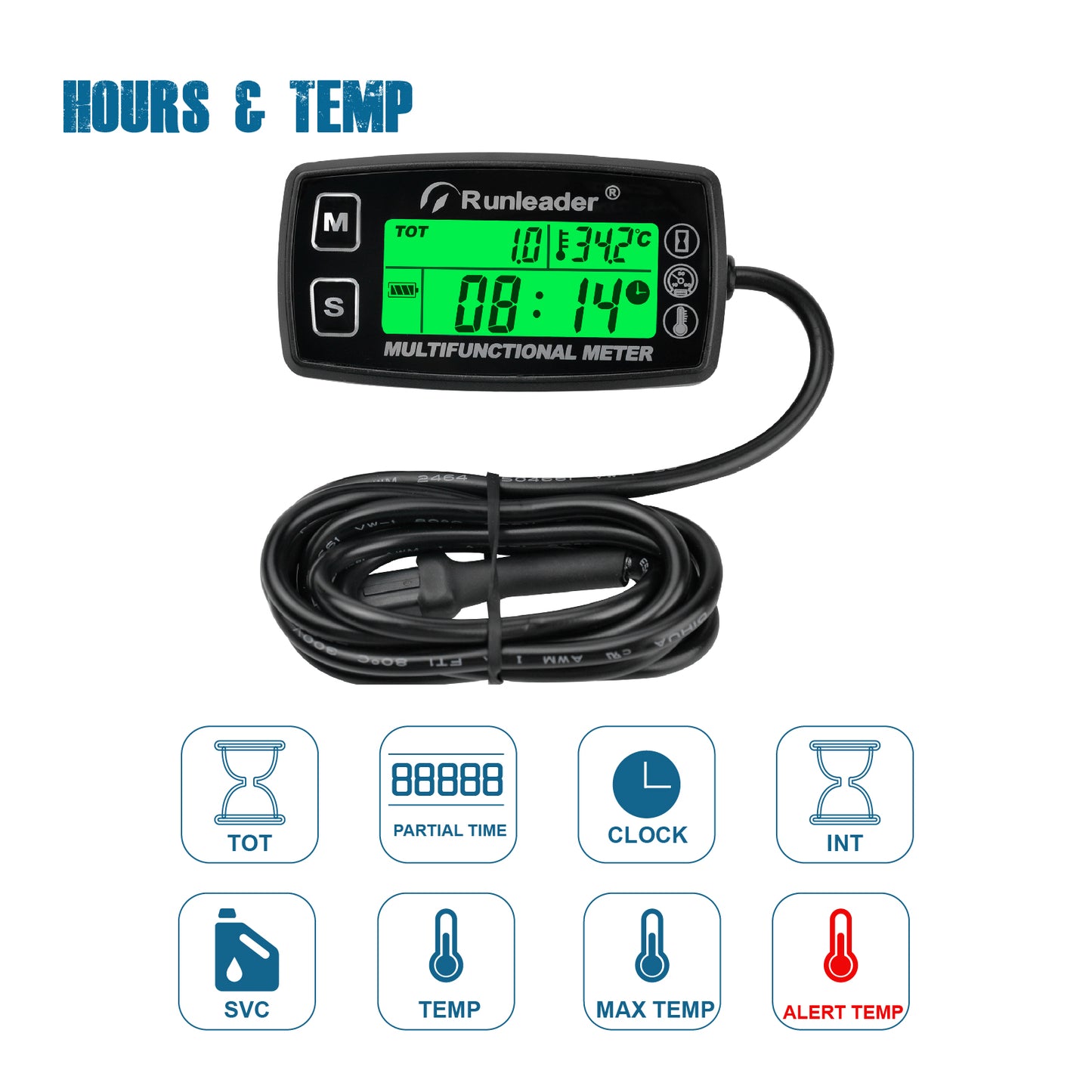 Runleader RL-HM035A Digital Tach Hour Meter, Engine Temperature Gauge, Alert RPM & Temp Backlights Display for Lawn Tractor Compressor Generator Snowmobile