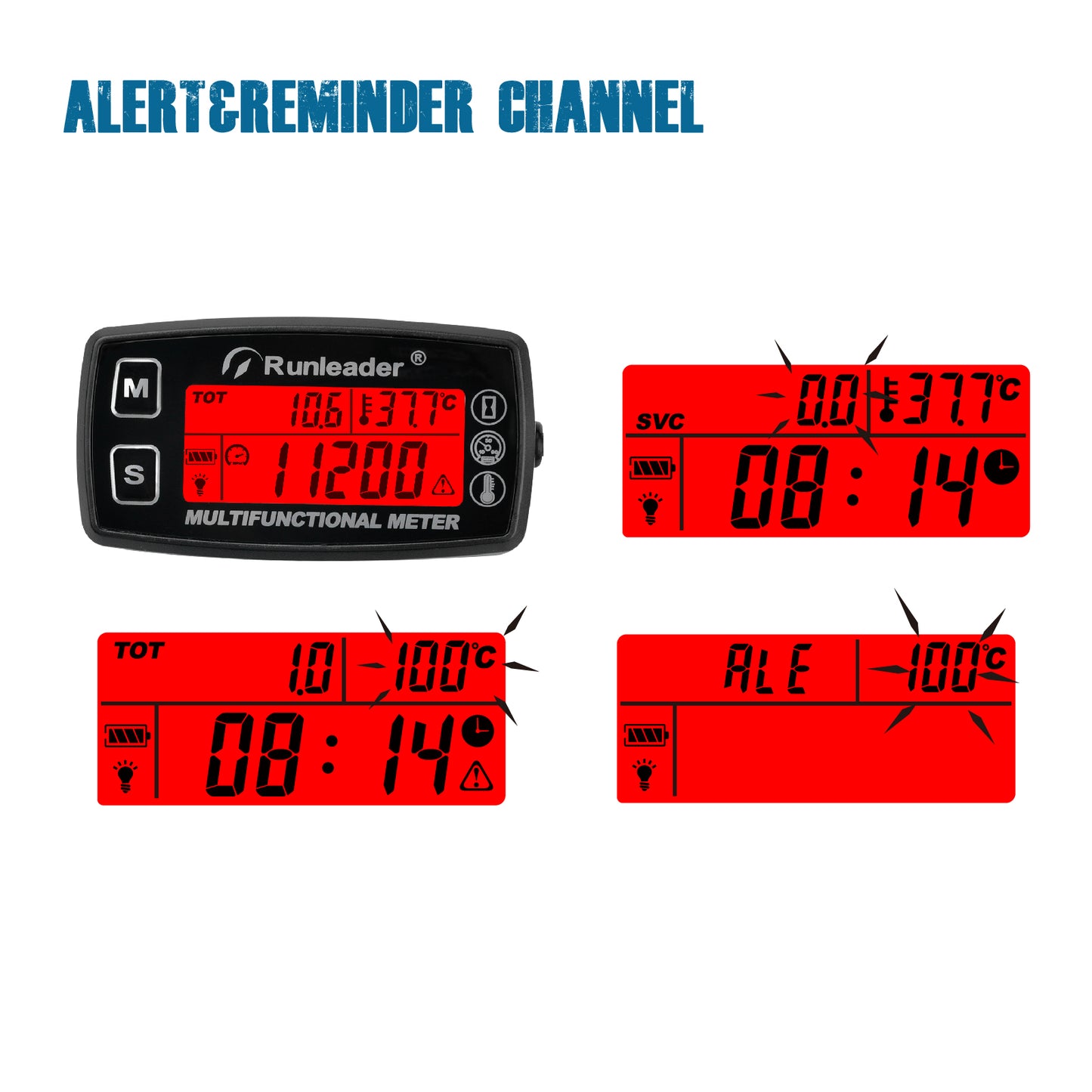 Runleader RL-HM035A Digital Tach Hour Meter, Engine Temperature Gauge, Alert RPM & Temp Backlights Display for Lawn Tractor Compressor Generator Snowmobile