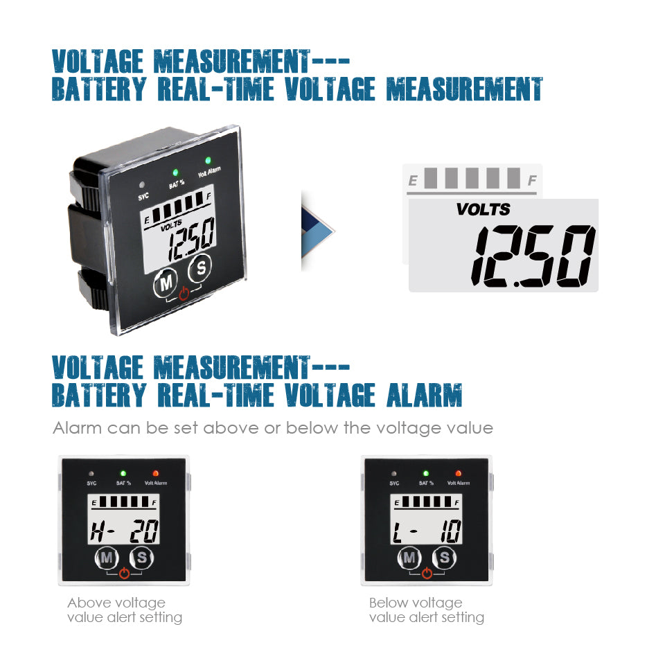 Runleader 12V to 48V Digital LCD Battery Capacity Monitor Hours Volt Meter Gauge