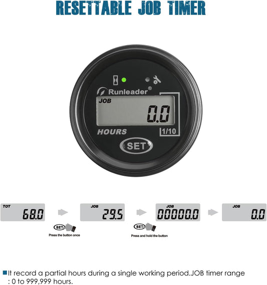 Runleader RL-HM069A LCD Digital Hour Meter,Applicable Voltage Resettable TOT Hours,Maintenance Reminder,Waterproof Design for Golf cart Boat Generator Tractor Forklift etc.