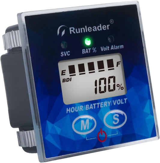 Runleader RL-BI022A 12V to 48V Battery Indicator Volt Meter, Working Hours Record for Golf Cart Forklift Lawn Mower Motorhome Scrubber Machine etc.