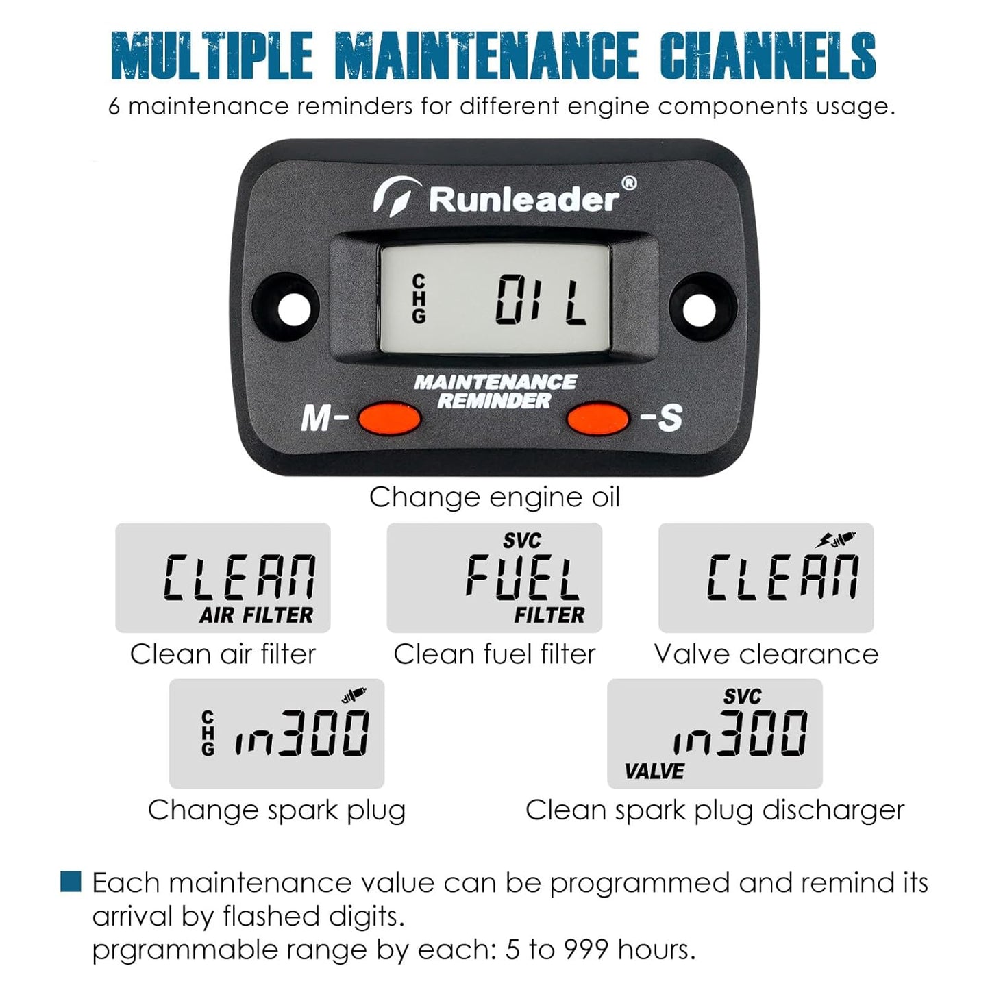 Runleader RL-HM068G Digital Maintenance Hours Tachometer for Lawn Mower Generator Motorcycle ATV Outboard Motor Jetski Chainsaw etc.