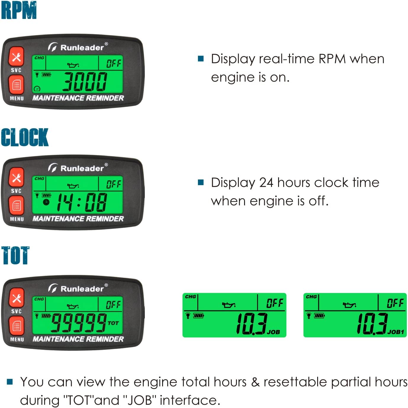 Runleader RL-HM032G Digital Maintenance Tach Hour Meter Gauge,RPM Alert,Backlight Display,Battery Replaceable,Used for Small Gas Engine, Works on Garden Tractor Motorcycle Generator Snowmobile Chainsaw Marine.