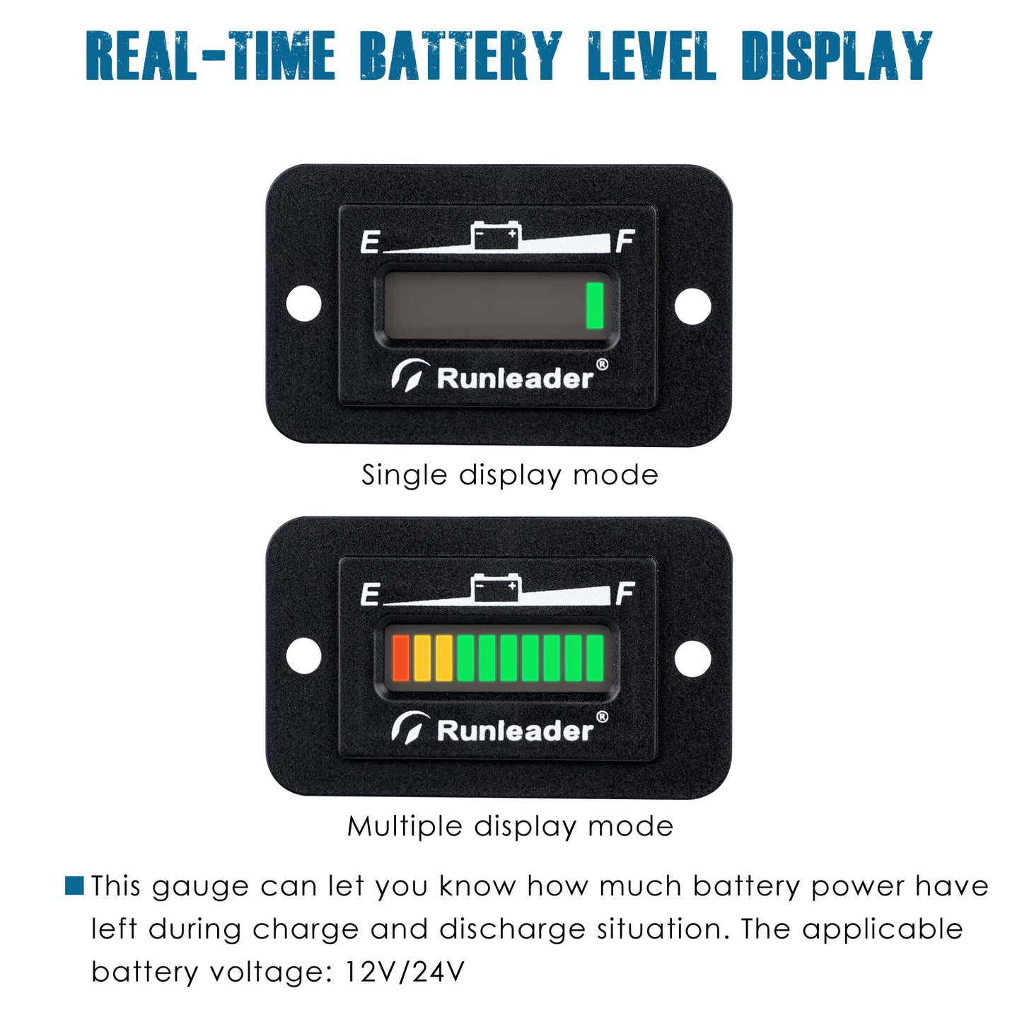 Runleader LED Battery Level Monitor, Volt. 12V/ 24V 36V 48V, Charge and Discharge Display- Only Suitable for Lead Acid Battery, Works on Golf Club Car