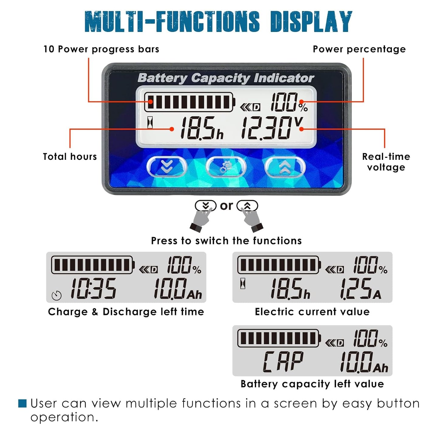 Runleader RL-BI050C Mini Battery Monitor with Current Shunt Capacity Voltage & Hour Meter for DC 12V 24V 36V 48V LiFePO4 AGM GEL Lead Acid Trojan Lithium RV, Golf Cart, E-Bike, EV