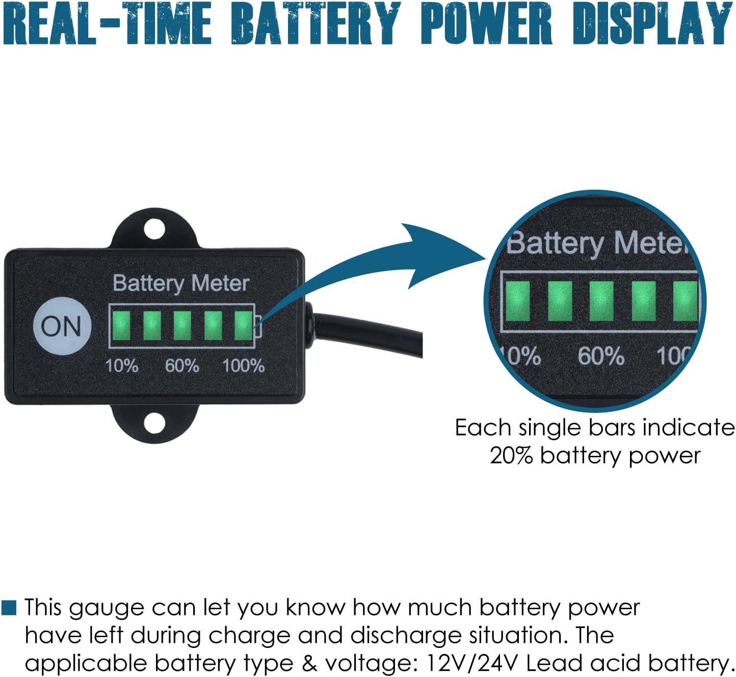 Runleader RL-BI005-LA LED Battery Fuel Gauge,DC12V/24V,Real-time Battery Capacity Display,Lead Acid Battery Applicable,Screen On/Off for Golf Cart Club Car Forklift Scrubber Machine Floor Care Equipment