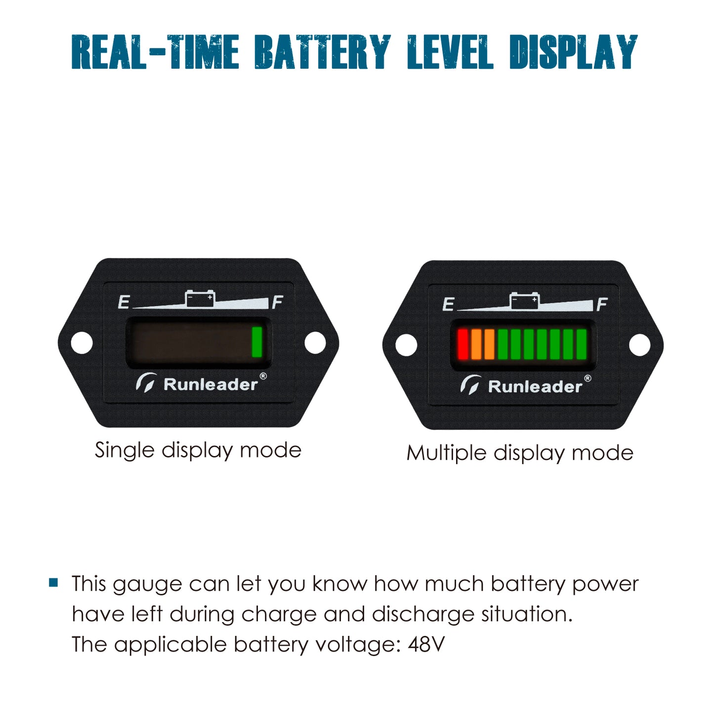 Runleader 12/24V 36V 48V Battery Fuel Gauge Meter Battery Level Meter Lead Acid Battery Applicably Single & Multiple Screen Display