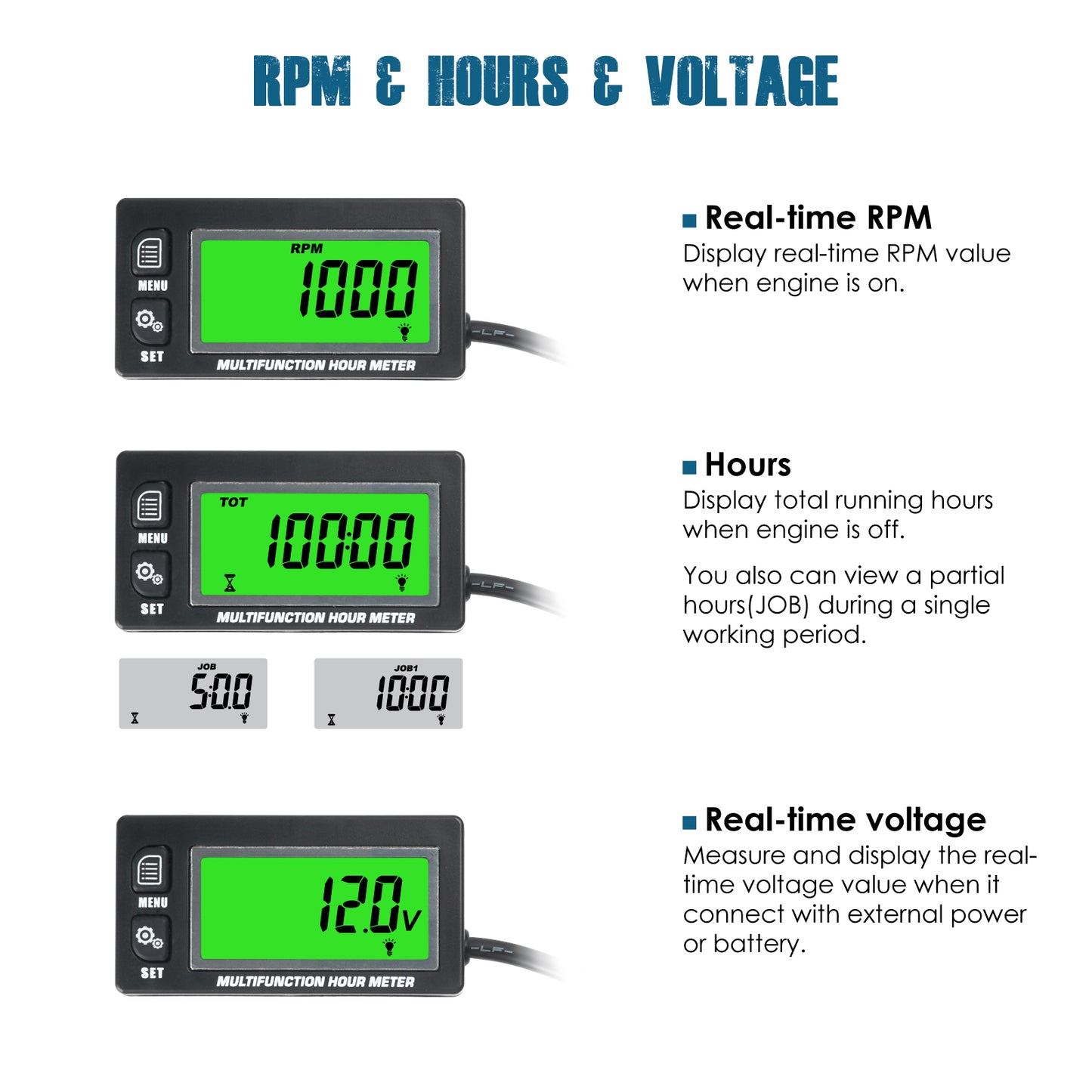 Runleader Digital Hours Tachometer, Battery Voltage Display, Backlight Display, Large LCD Screen, Battery Replaceable for Garden Mower Generator