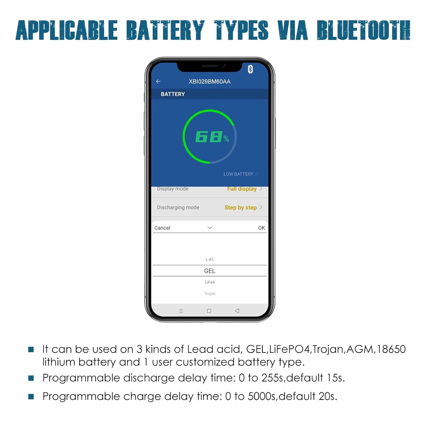 Runleader RL-BI029-BT DC 12V to 48V Bluetooth Operated Battery Indicator Volt Meter, Works for Lead Acid,Gel,AGM,Trojian,LiFePO4 and 18650 Lithium Batteries.