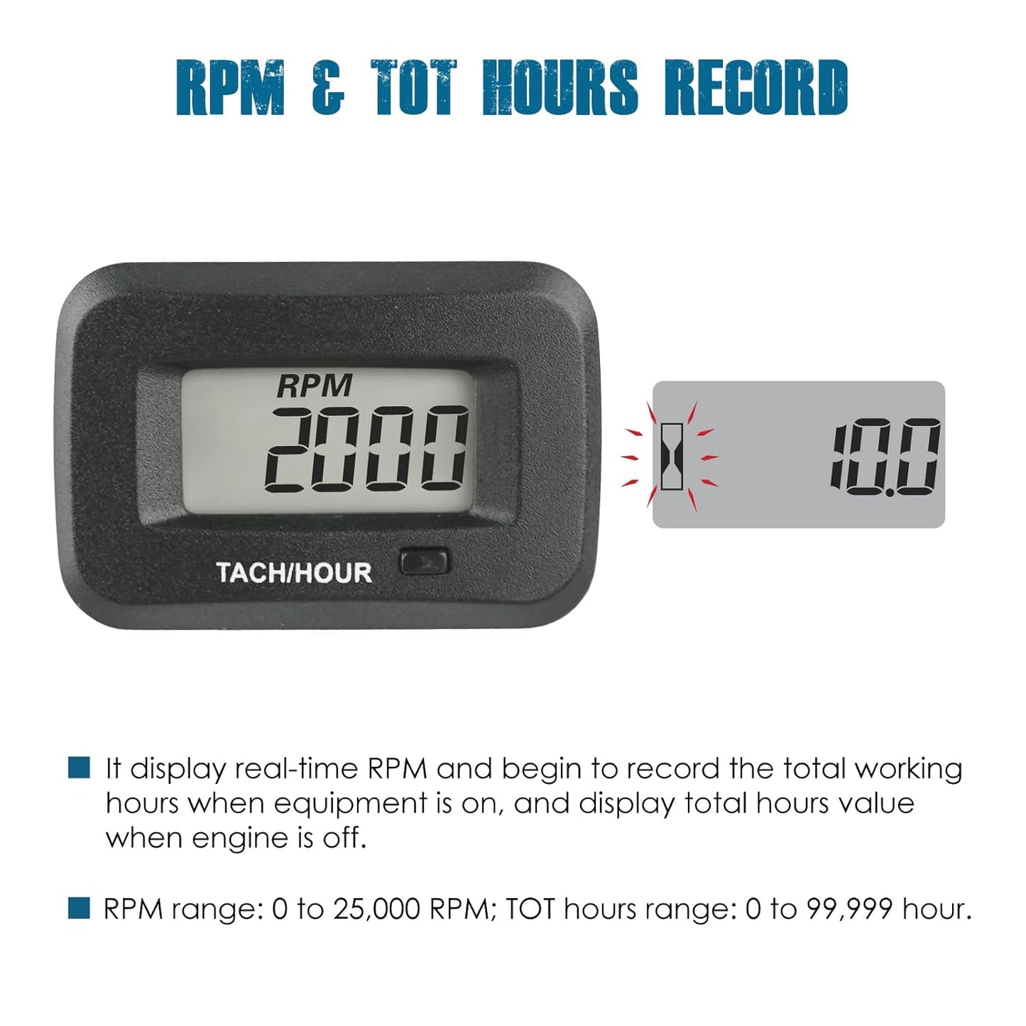 Runleader RL-HM038AGR DC5V to 65V Digital Hours Tachometer, Waterproof Design for Garden Tractor Generator ATV Marine Snowmobile etc.