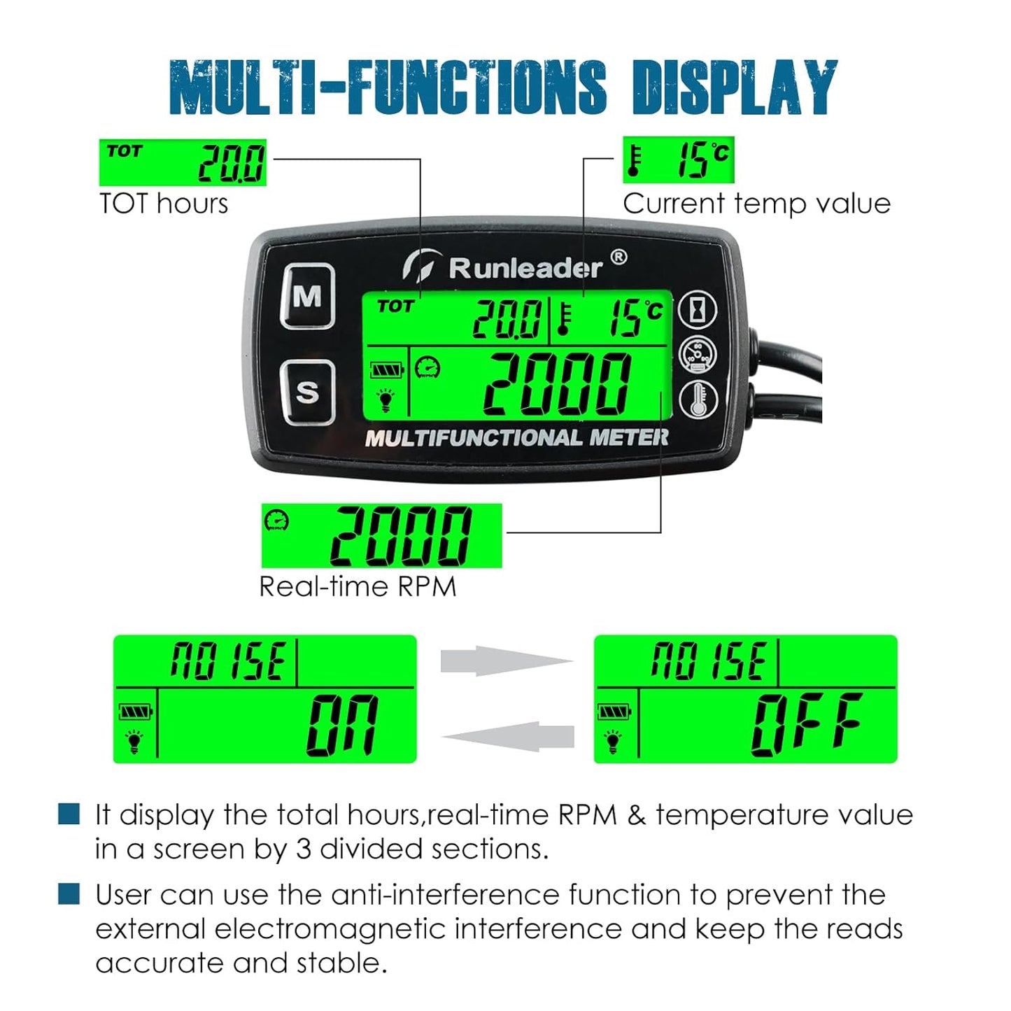 Runleader RL-HM035D Digital Engine Temp Gauge,Maintenance Hours Tachometer, Battery Replacement and DC 5V to 30V External Power Supply for Gasoline Engine Lawn Mower Generator Motorcycle ATV Snowmobile etc.