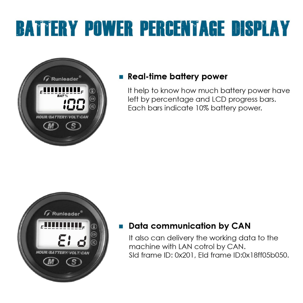 Runleader RL-BI025BC LCD 12V to 48V Battery Level Indicator, Hours and