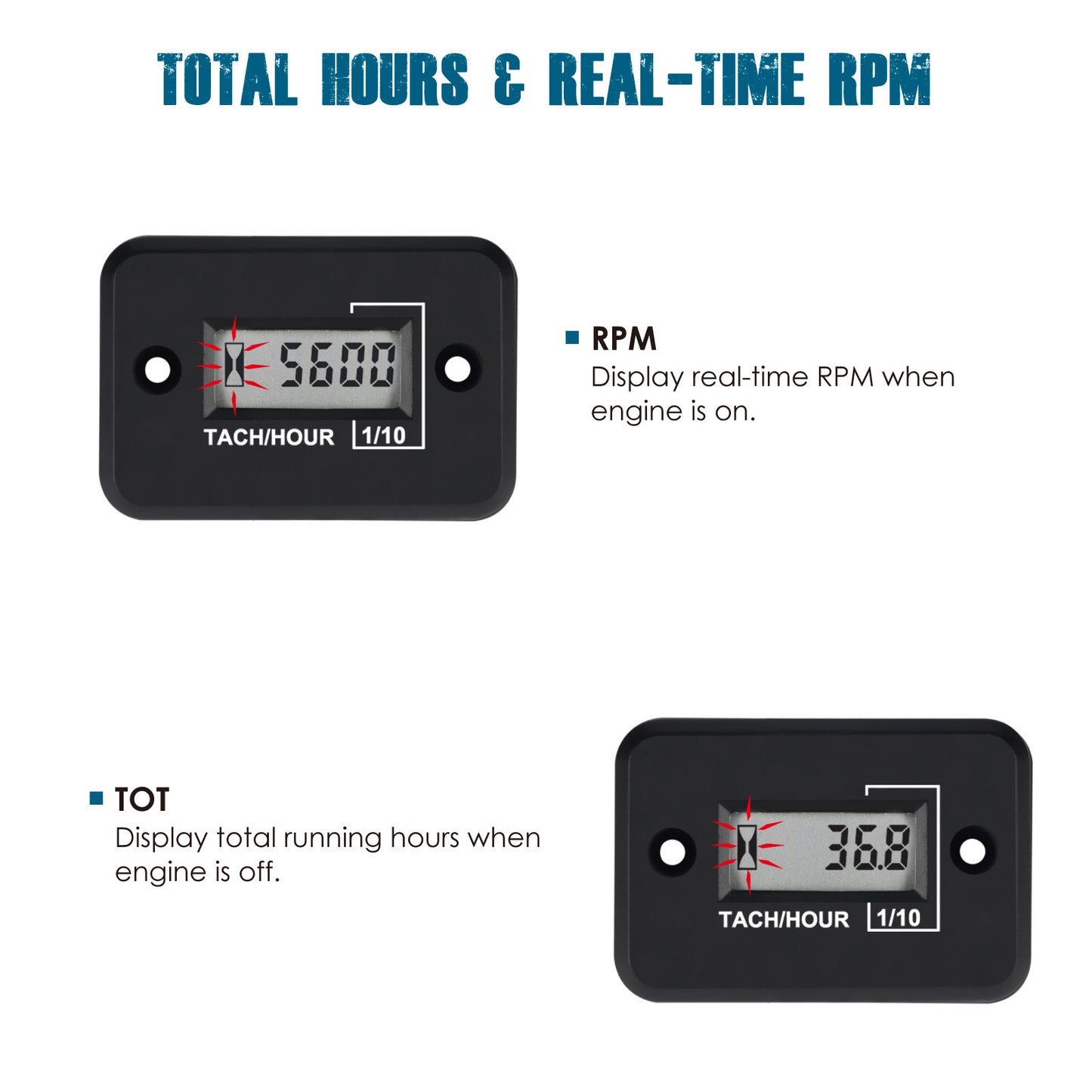 Runleader Digital Mini Tach Hour Meter, TOT Hours Accumulate, Real-time RPM Display, Battery Operation for ZTR Lawn Mower Tractor Generator