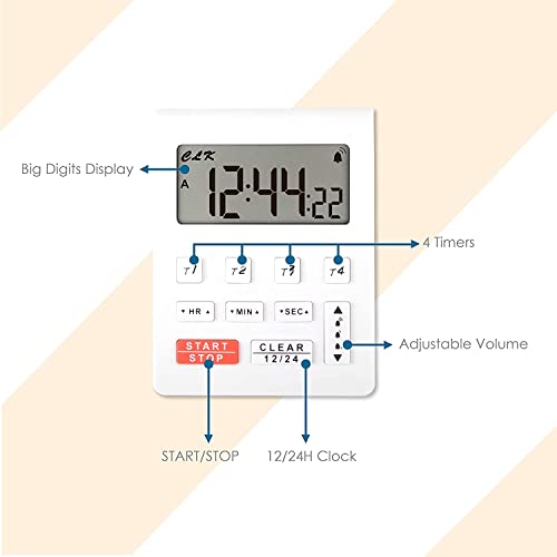 Runleader Digital Desktop Kitchen Timer 4 Countdown Timers& Stopwatchs with 12/24 Hours Clock Large Digits Alarm Reminder for Baking Cooking Homework