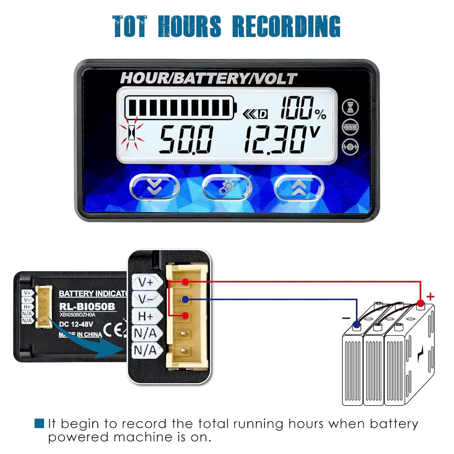 Runleader RL-BI050B DC12V 24V 36V 48V Mini Battery Indicator Volt Meter for Lead Acid LiFePO4 Lithium Battery Powered Golf Cart Forklift Lawn Mower Scrubber Machine Motorhome etc.