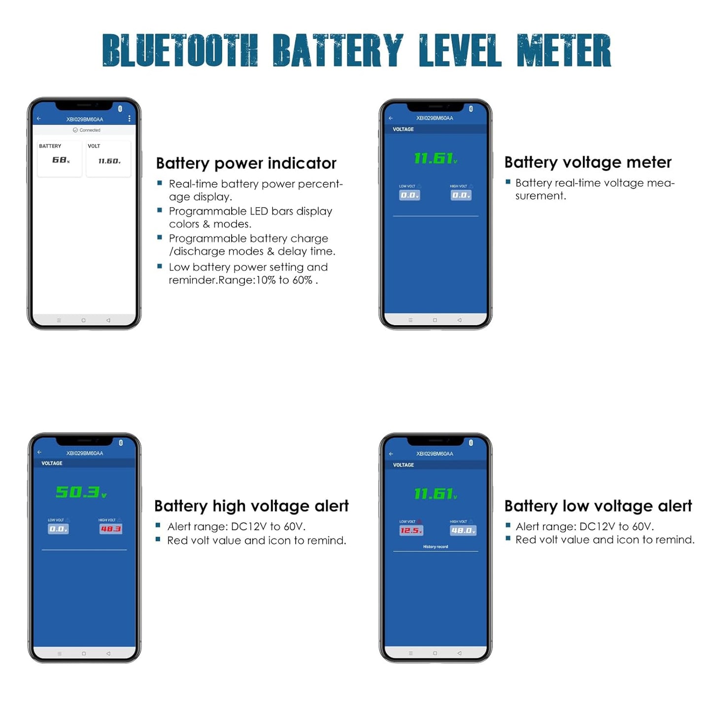 Runleader RL-BI029-BT DC 12V to 48V Bluetooth Operated Battery Indicator Volt Meter, Works for Lead Acid,Gel,AGM,Trojian,LiFePO4 and 18650 Lithium Batteries.
