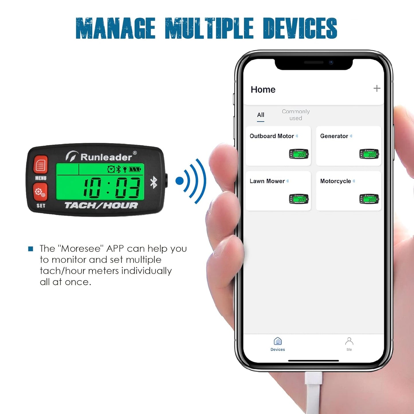 Runleader RL-HM032-BT LCD Bluetooth Tach/Hour Meter, Maintenance Reminders, Battery Replaceable for Lawn Mower Generator Boat Snowmobile.