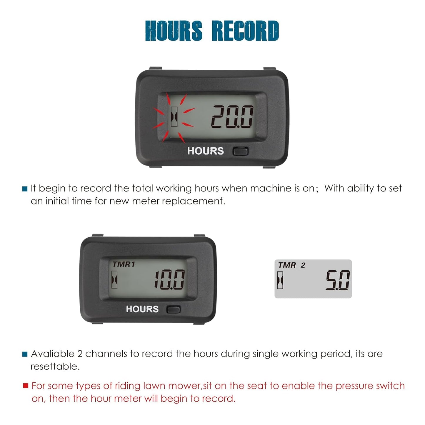 Runleader RL-HM038AD-2 Digital Maintenance Hour Meter,AC/DC 5V to 277V for Riding/Zero Turn Lawn Mower Leaf Trimmer Brush Cutter Generator Motorhome etc.