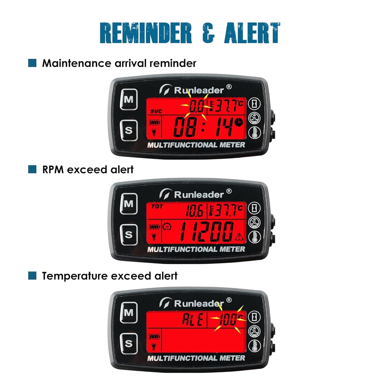 Runleader RL-HM035D Digital Engine Temp Gauge,Maintenance Hours Tachometer, Battery Replacement and DC 5V to 30V External Power Supply for Gasoline Engine Lawn Mower Generator Motorcycle ATV Snowmobile etc.