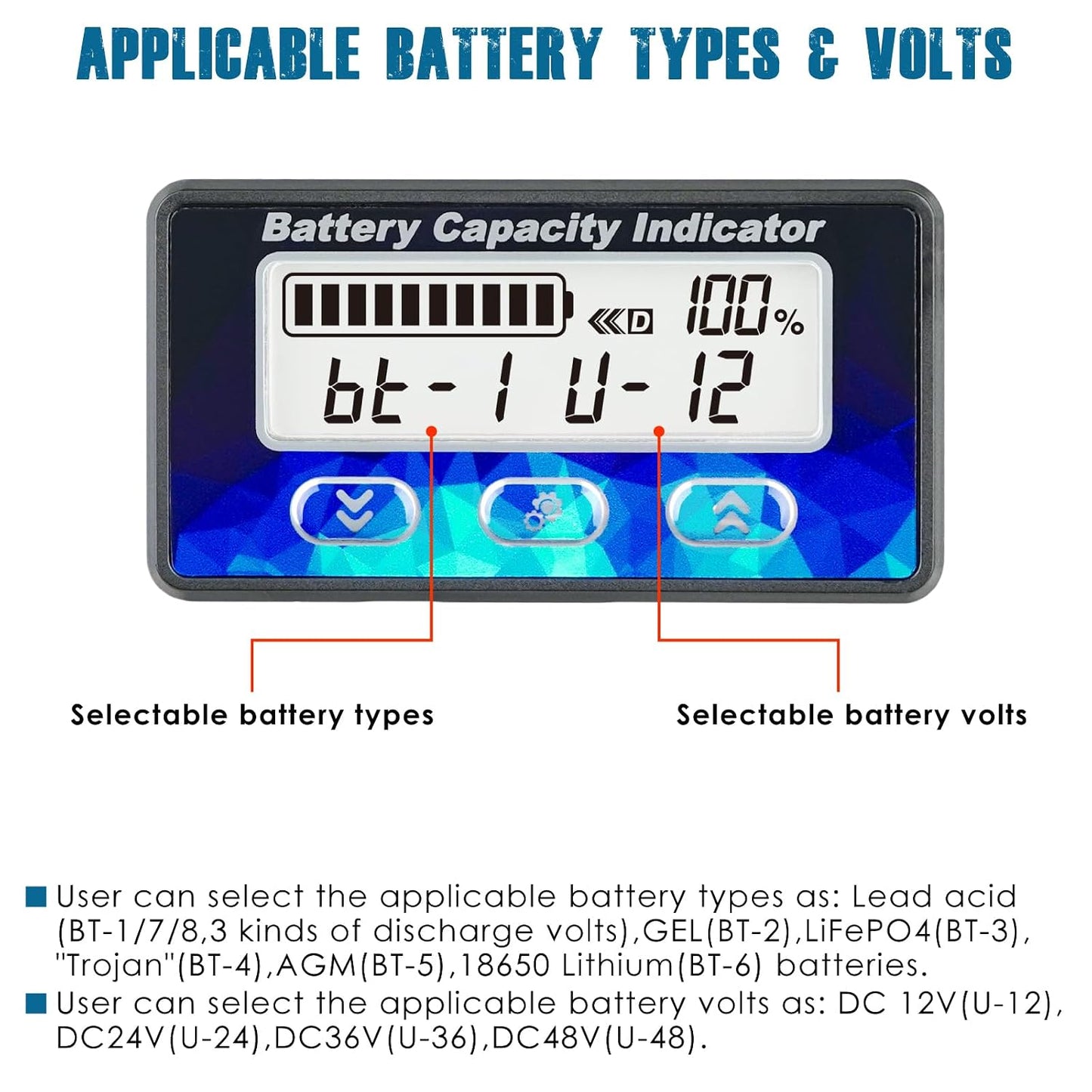 Runleader RL-BI050C Mini Battery Monitor with Current Shunt Capacity Voltage & Hour Meter for DC 12V 24V 36V 48V LiFePO4 AGM GEL Lead Acid Trojan Lithium RV, Golf Cart, E-Bike, EV