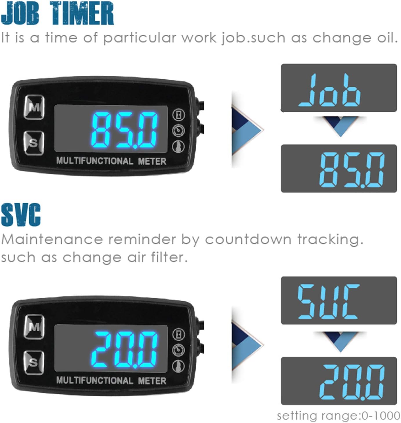 Runleader RL-HM035LT Digital LED Engine Hour Meter,RPM &Temperature Display,Maintenance Reminder,External Powered Operating for Lawn Mower Generator Dirtbike Paramotor Outboard Motor Marine Compressor