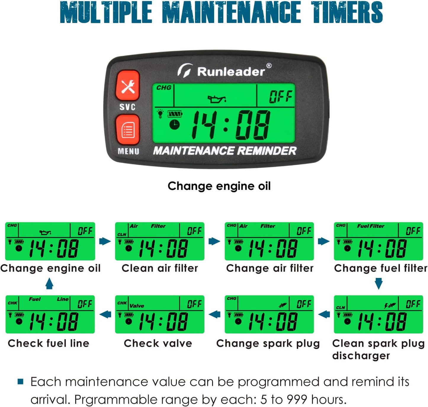 Runleader RL-HM032G Digital Maintenance Tach Hour Meter Gauge,RPM Alert,Backlight Display,Battery Replaceable,Used for Small Gas Engine, Works on Garden Tractor Motorcycle Generator Snowmobile Chainsaw Marine.