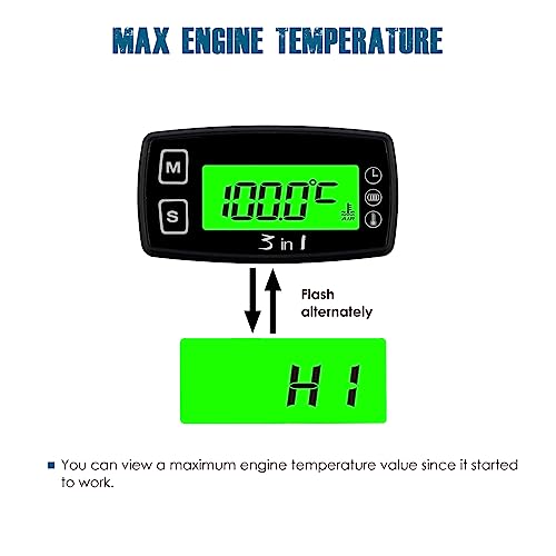 Runleader Digital Engine Temperature Gauge Volt Meter, Programmable Alert Reminder, Clock Display, Backlight Mode Selection for Generator Motorcycle