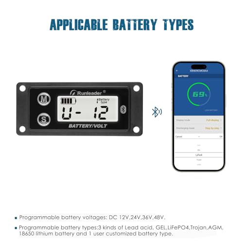 Runleader Digital Bluetooth Battery Power Indicator Volt Meter, APP Manage Operated Battery Level Meter for Battery Lead Acid LiFePO4