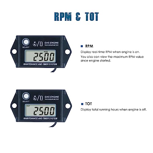 Runleader Digital Hour Meter Tachometer Maintenance Reminde, Max RPM Recall Use for ZTR Lawn Mower Tractor Generator Marine Motor Motorcycle