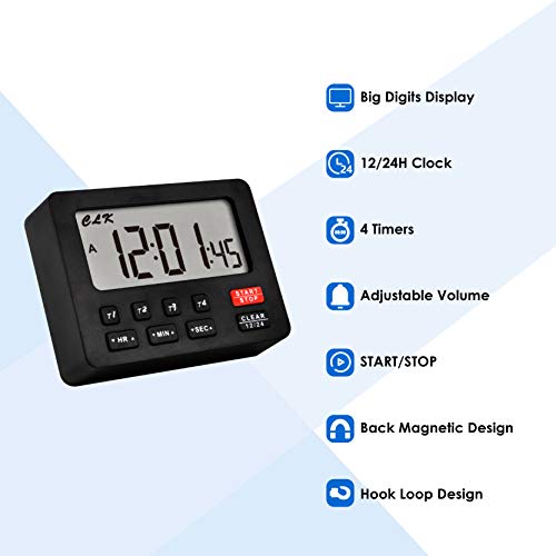 Runleader Digital Kitchen Timer with 4 Tracking Channels, Count-Down& Stopwatch, 12/24 Hours Clock, Magnetic& Loop for Kitchen Dinning