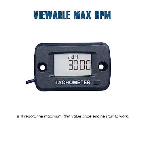 Runleader Digital Tachometer with Alligator clip, Real-time RPM Max RPM Record Waterproof for Riding Lawn Mower Tractor Generator Marine Snowblower